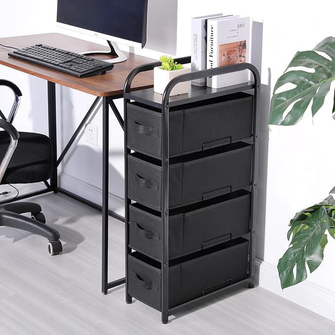 MAX Houser 4 Drawer Narrow Dresser Fabric Storage Tower Vertical Slim Storage Chest Organizer Nightstand Side/End Table Small Standing Organizer Removable Drawers Wood Top for Bedroom, Bathroom（Black - Image 5