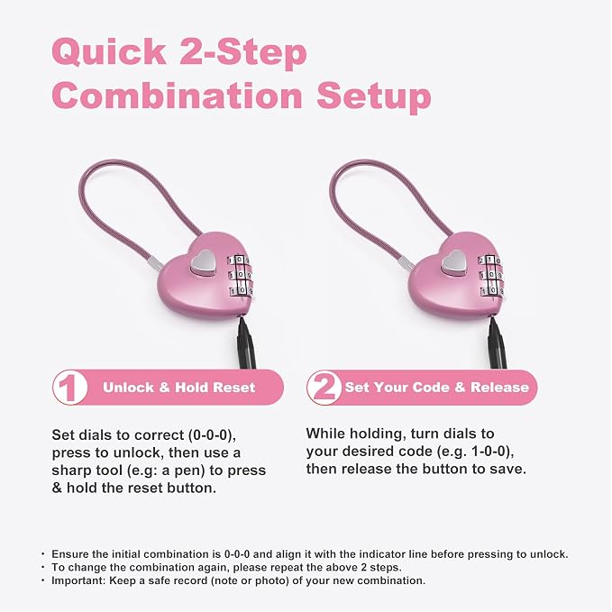 Small Cable Lock with Combination, Combo Lock with Code, Pink Cable Padlock for Luggage, Cabinet, Closet, French Fridge Door, Stroller, Bike Helmet, Pet Cage, Pool Gate, Outdoor Fence - Image 5