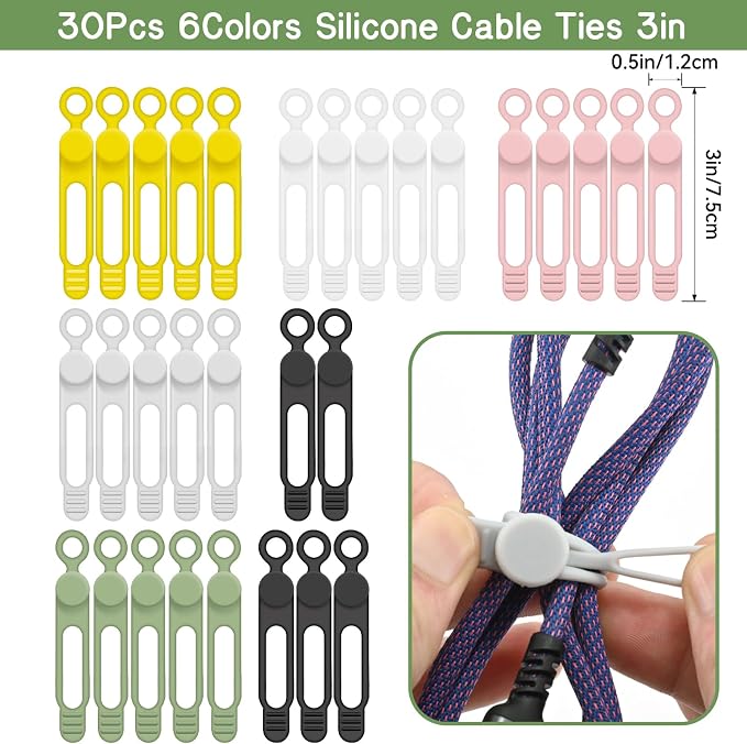 30Pcs Silicone Cord Ties for Electronics 3in Reusable Cable Organizer for Charging Cables, Electrical Cords, Computer Wires USB Data Cables 6Colors - Image 2