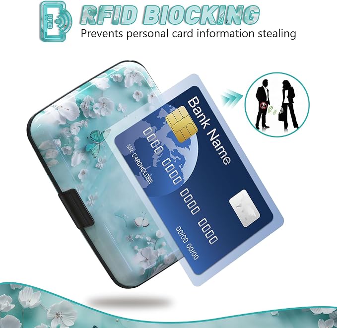 Credit Card Holder, Mini RFID Small Aluminum Card Wallet Business Card Case | Blocking Slim Metal RFID Blocking Front Pocket Wallet Hard Case Durable CC Holder for Women Girls, Green Teal Butterfly - Image 2