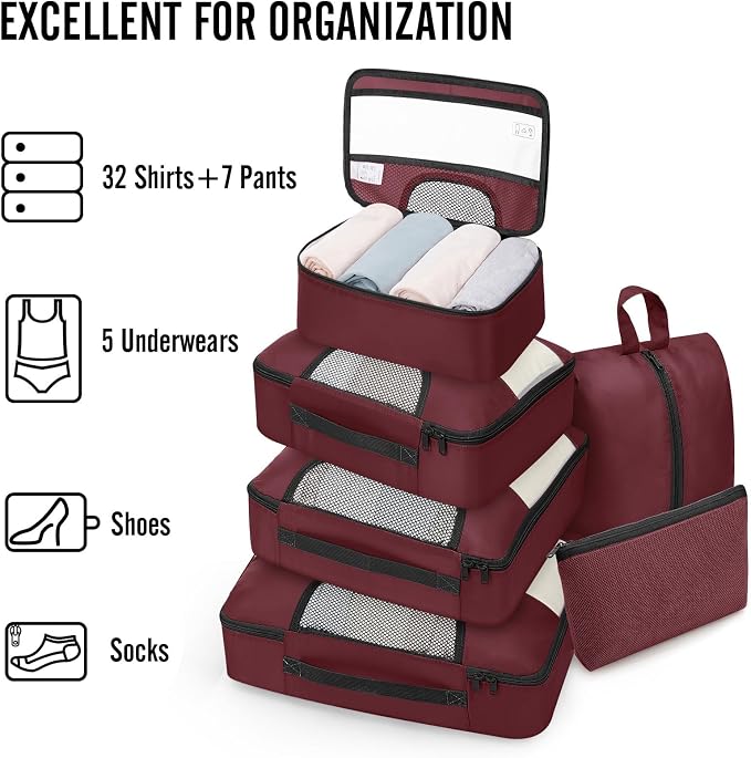 Veken 8 Set Packing Cubes for Travel Essentials,Anti-Wrinkle Buckled Suitcase Organizer for Shoe & Toiletry Bag,Carry On Luggage Bag with 99+ Count Mesh Holes for Airplane & College Dorm Accessories - Image 5