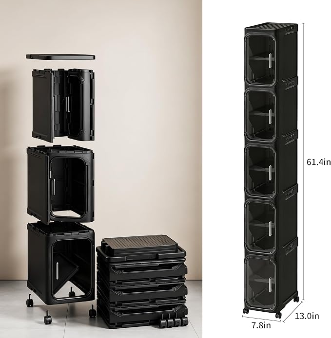 LXLXXL 5-Tier Narrow Storage Cabinet Slim Bathroom Tall Skinny Organizer | Movable Slim Storage Cabinet with Lockable Rolling Wheels Adjustable Detachable Shelves Snap Assembly for Small Spaces,Black - Image 2