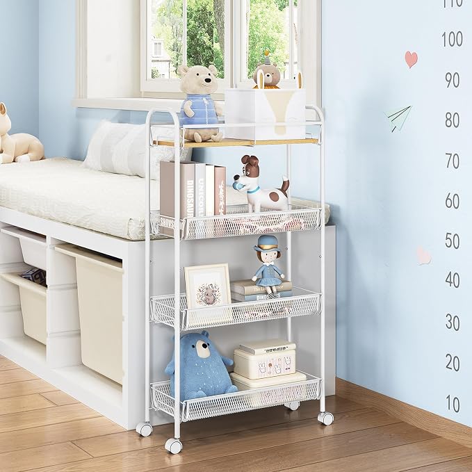 TOOLF 4-Tier Slim Rolling Cart, Metal Utility Cart, Slide Out Storage Cart with Wooden Tabletop and Mesh Baskets for Narrow Space on Kitchen Bathroom Laundry Room Bedroom Apartments Dormitory - Image 7