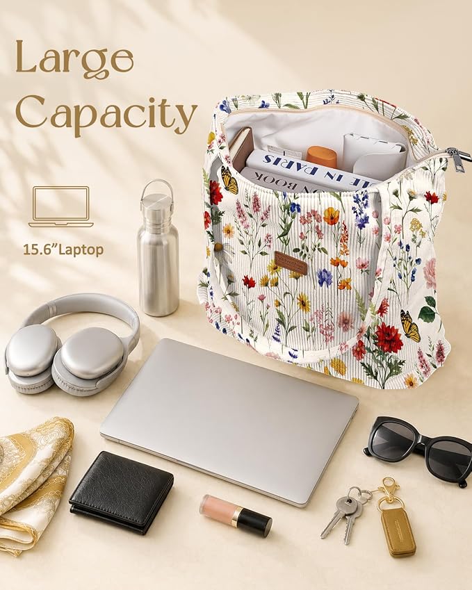 Aesthetic Corduroy Tote Bag with Zipper for Women | Reusable, Fits 14 Inch Laptop, Inner Pocket, double-sided print, Lightweight - Image 6