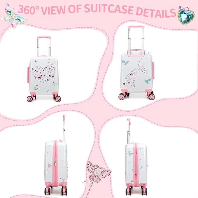 Kids Luggage Sets 2 Piece Pink Rolling Suitcases for Girls with Wheel Shardshell 16" Travel Suitcase with 10 Sheets Gem Stickers - Image 4