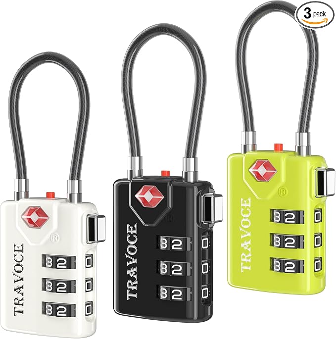 TSA Approved Luggage Locks, Combination Cable Locks, 3 Colors | Search Alert shows TSA key access; resettable 3-digit code and flexible braided steel cable for suitcases and backpacks. by TRAVOCE