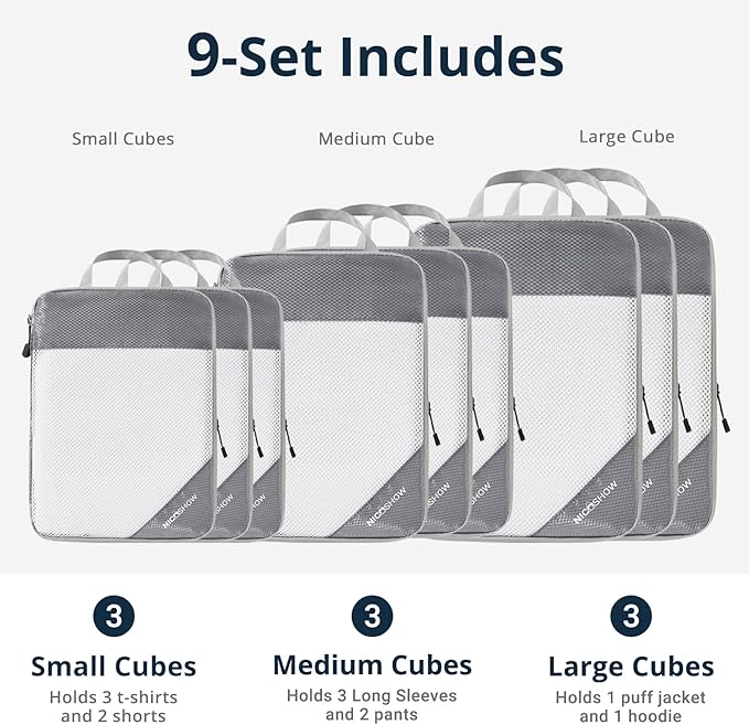 9 Set Compression Packing Cubes for Travel - Compressible, Lightweight, and Space-Saving Packing Cubes, Travel Essentials for Women, Grey - Image 3