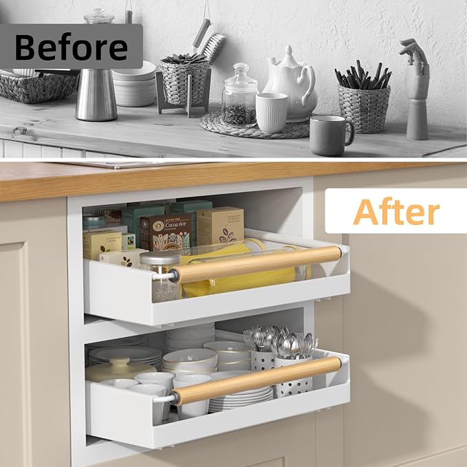 Pull Out Cabinet Organizer, 15.3'' Deep Expandable Slide Out Cabinet Organizer Fixed with Adhesive Nano Film, Slide Out Drawers Pull Out Tray for Cabinet in Kitchen, Pantry, Bathroom, White - Image 5