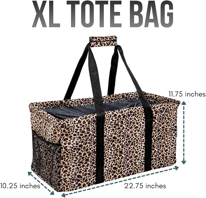 Extra Large Utility Tote Bag - Oversized Collapsible Reusable Wire Frame Rectangular Canvas Basket With Two Exterior Pockets For Beach, Pool, Laundry, Car Trunk, Storage - Leopard - Image 4