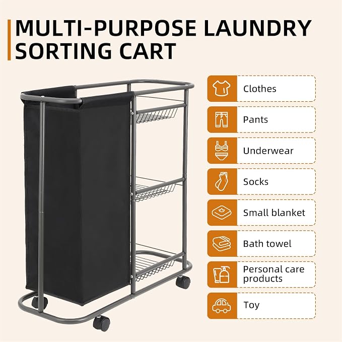 3-Tier Rolling Laundry Cart with Wheels and 45L Bag, Black | Between Washer and Dryer, Heavy Duty, For Narrow Space Laundry Room Bathroom Bedroom - Image 5