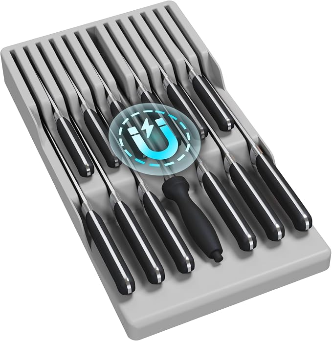 Lifewit Magnetic Drawer Knife Organizers Insert Pastic for 12 Knives, Gray | Kitchen Plastic In Drawer Knife Block Slots, Steak Chefs Knives Holder Storage for 12 Knives and 1 Sharpening Steel 16.5" by Lifewit