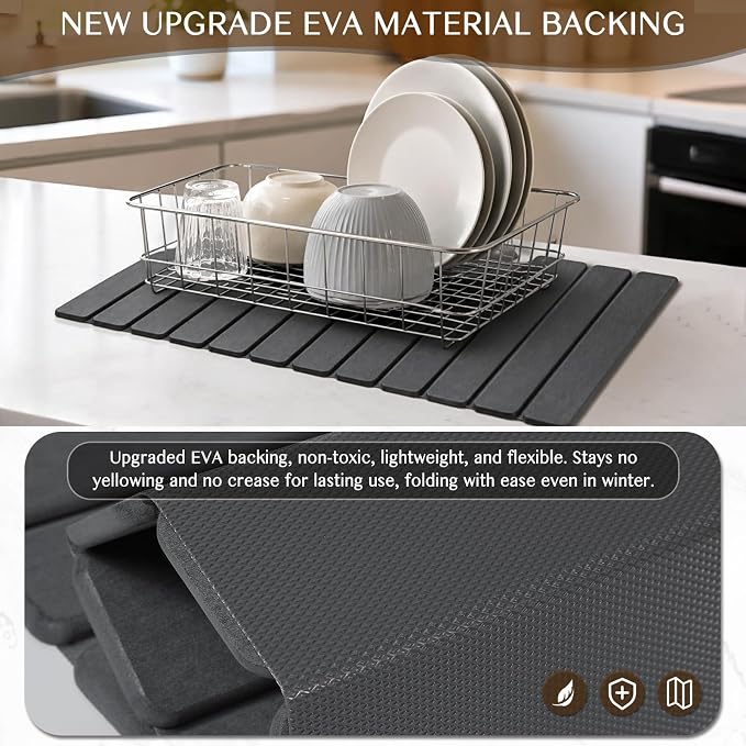 Extra Large Stone Dish Drying Mat for Kitchen Counter, Thin & Light Quick Dry Stone Dishes Mat, Foldable Water Absorbing Diatomite Drying Pad for Kitchen Bathroom Sink Countertop (Pure Gray 32"x16") - Image 4