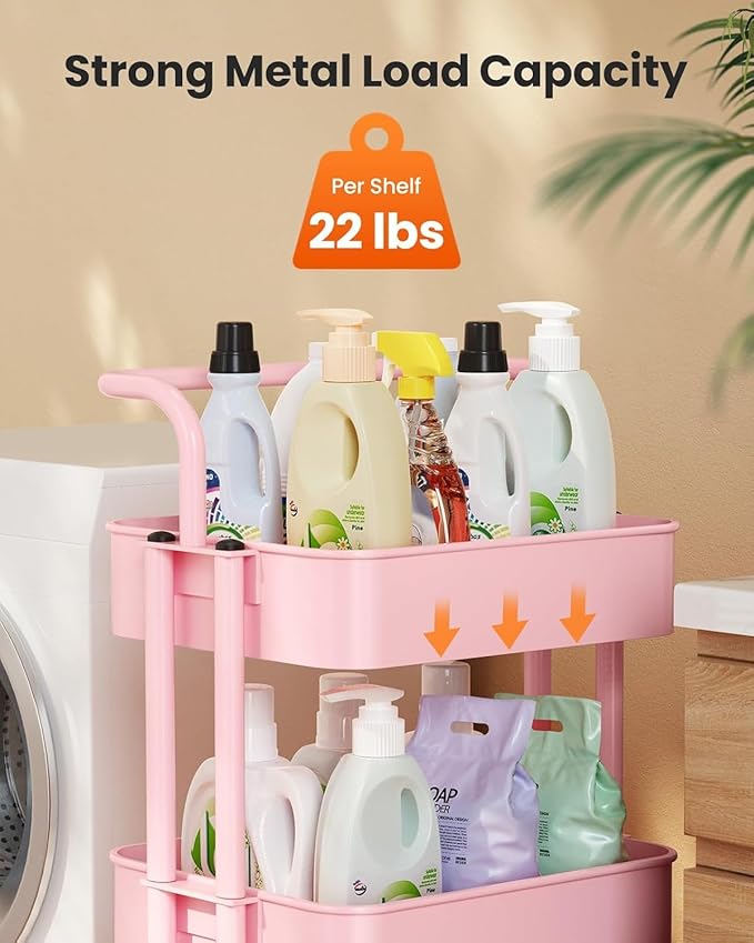 Pipishell Metal 3 Tier Rolling Cart with Handle & 2 Lockable Wheels, Pink | Four Large 2" Wheels for Easy Motion, Sturdy Metal, Hold 22 lbs per Shelf, Ideal for Nursery Room, Living Room, Painting Room - Image 6