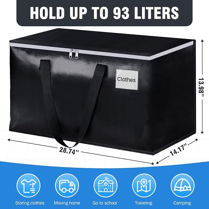 Heavy Duty Moving Bags, Extra Large Storage Bags, 93L, 2-Pack, Black | Foldable, with Zippers, Tag Pocket & Handles, Reusable, Space-saving, Water-Resistant, for moving & storage, Versatile Use - Image 2