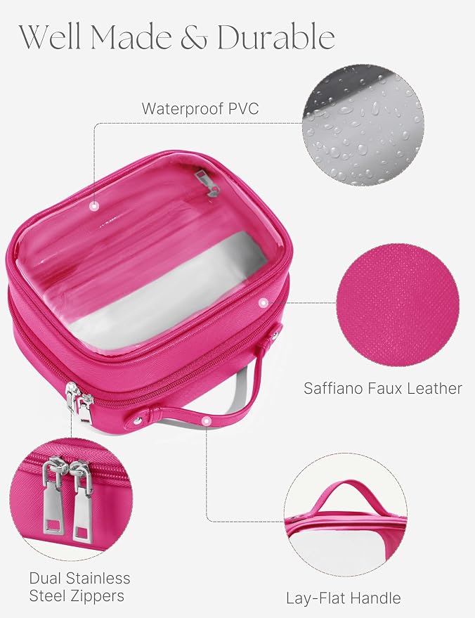 Clear Cosmetic Bag Double Layer Travel Toiletry Bag Clear Makeup Bag Case with 4 Compartments, Transparent Travel Bag for Toiletries, Large Toiletry Bag for Women Cosmetic Case (Hot Pink, Small) - Image 6