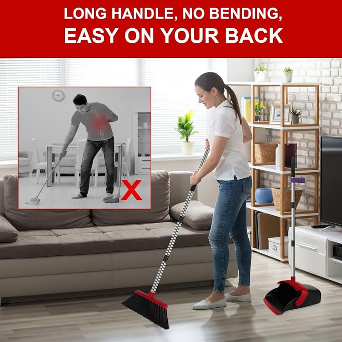 Red Broom and Dustpan Combo Set, 55" Long Handle Broom | Large Area Outdoor Cleaning, Extended Reach Design, Built-in Comb Dustpan, Foldable Storage for Garage, Patio & Home - Image 5