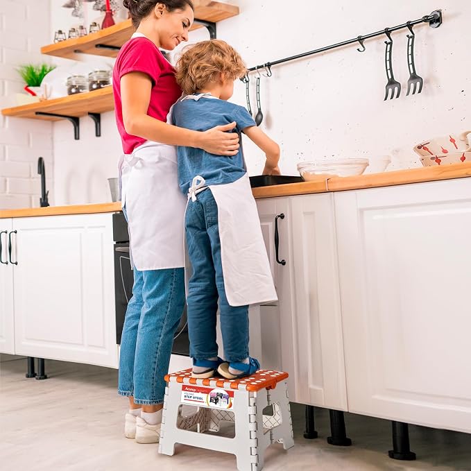 Folding Step Stool 9 Inch for Kids, 300 lbs, Bicolor Orange | Lightweight Plastic Small Foldable Step Stool with Handle, Non-Slip, for Kitchen, Bathroom, Bedroom and Closet - Image 8