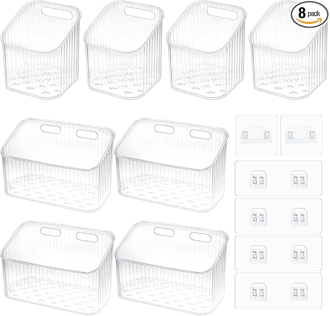 Clear Wall Basket, Wall Mounted Storage Bins, 8 Pcs | Plastic Cabinet Door Organizer Shower Caddy with Self-Adhesive Hanger, Containers Box for Bathroom Kitchen Pantry Countertop by Unknown