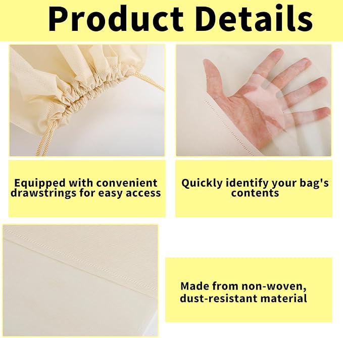 12 Pcs Shoe Bags for Travel, Beige Dust Bags for Handbags, 4 Size | Dustproof Drawstring Bags, Breathable Non Woven Fabric Storage Bag for Handbags Shoes Purses - Image 4