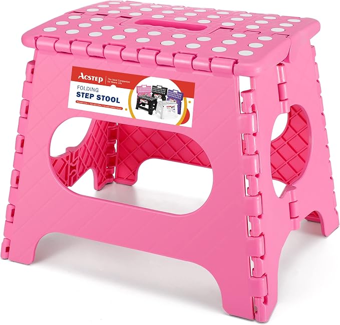 11" Folding Step Stool for Kids, Holds 300 lb Foldable Stools, Pink | Heavy Duty Collapsible Foot Stool, Lightweight with Built-in Handle, Non-Slip for Adults Kitchen Bathroom Bedroom Outdoor by ACSTEP