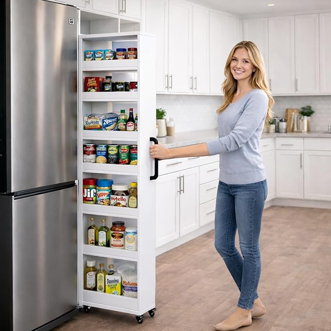 Beside Fridge Storage Slim Tall Cabinet - 7-Tier Tall Narrow Kitchen Pantry Pull Out Storage Cabinet Next To Fridge, Rolling Cart For Kitchen, Dorm, Bathroom, Laundry & Office (White, 23.6 in) - Image 2