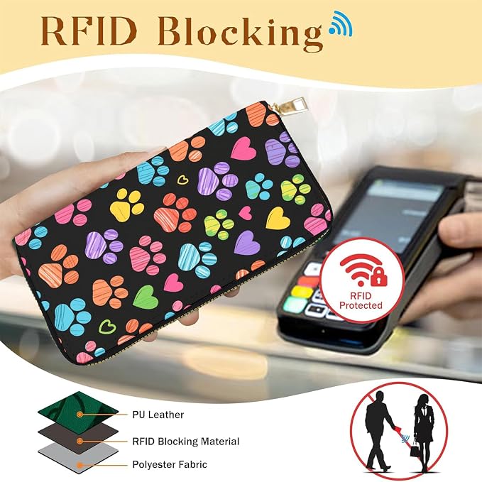 Women's RFID Blocking PU Leather Zip-Around Wallet, Large Capacity Clutch with Phone Holder, Travel Purse & Card Organizer with Removable Wristlet,Colorful Paw Prints - Image 2