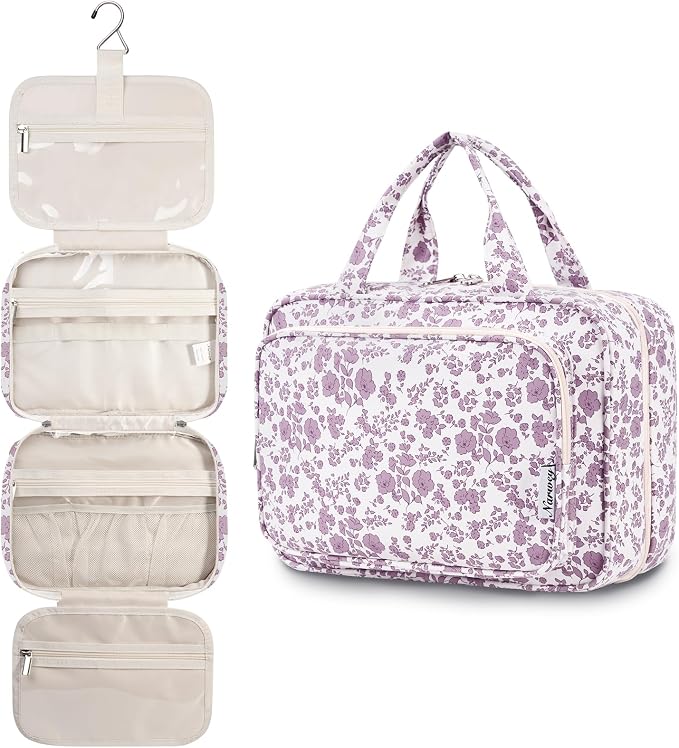 Narwey Travel Toiletry Bag for Women Large Hanging Makeup Bag Organizer Toiletries Bag for Full Size Essentials Accessories Cosmetics (Dusty Pink Flower (Large)) - Image 6