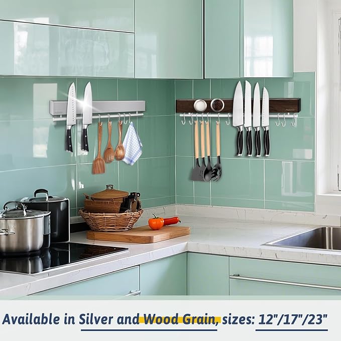 23 Inch Magnetic Knife Holder for Wall - Stainless Steel Magnet Knife Strip No Drill with 15 Hooks/Adhesive Tape/Screws, Kitchen Utensil Holder, Magnetic Knife Organizer, Wall Mounted Knife Storage - Image 2
