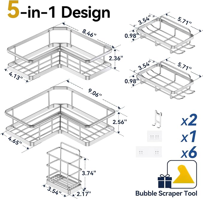 Corner Shower Caddy Adhesive, 100% Rustproof Shower Organizer with Soap and Troothbrush Holder, No Drill Shower Shelf for Inside Shower, Wall-Mounted Shower Storage for Homes (5 Pack, Silver) - Image 7
