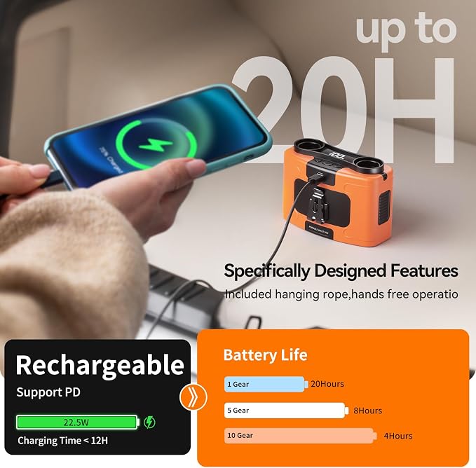 Doublepow 10000mAh Portable Waist Fan, Personal Dual Waist Fan, Clip On Belt Hanging Neck, Dual Motor 20H&10 Speed 16000RPM Strong Airflow, USB Rechargeable Fans, for Outdoor Work Travel(K60-Orange) - Image 3