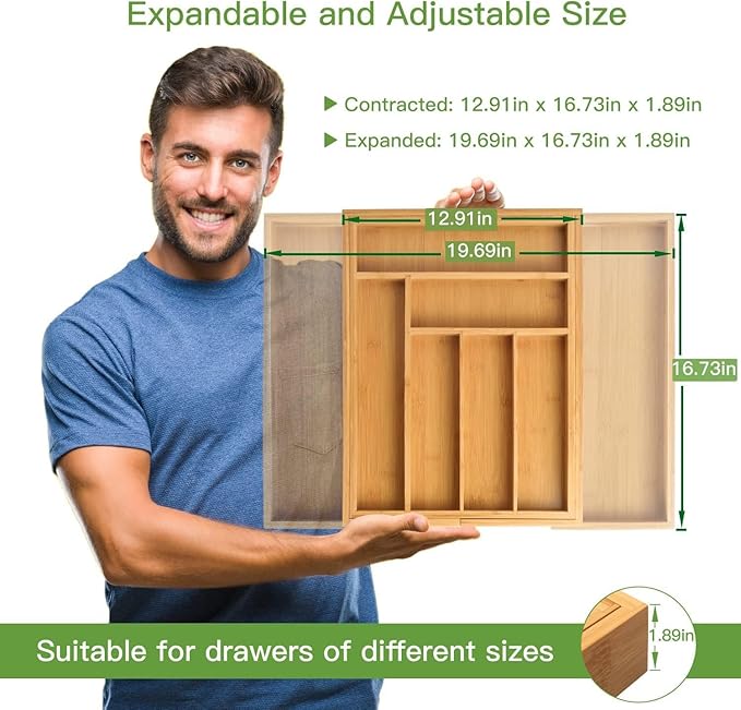 Pipishell Bamboo Expandable Silverware Drawer Organizer, Adjustable Kitchen Utensil Tray for Forks, Spoons and Knives, Wood Storage Cutlery Holder for Bedroom and Living Room - Image 3