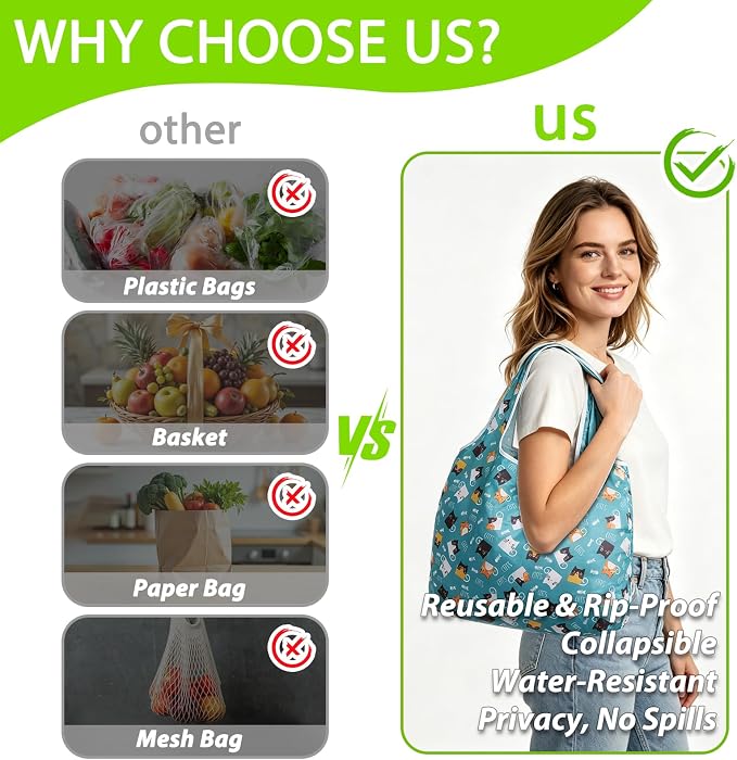 Reusable Grocery Shopping Bags 6|10 Pack, Foldable Tote Bags, Machine Washable Nylon Shopping Totes for Groceries - Image 4