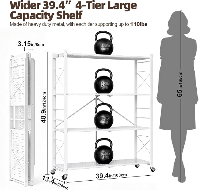 39.4" Wide 4-Tier Foldable Storage Shelves with Wheels & 20 Hooks | Heavy Duty Metal Folding Shelf Unit, No Assembly, Adjustable 3rd Shelf for Kitchen, Garage, Pantry, Bookshelf, White - Image 2