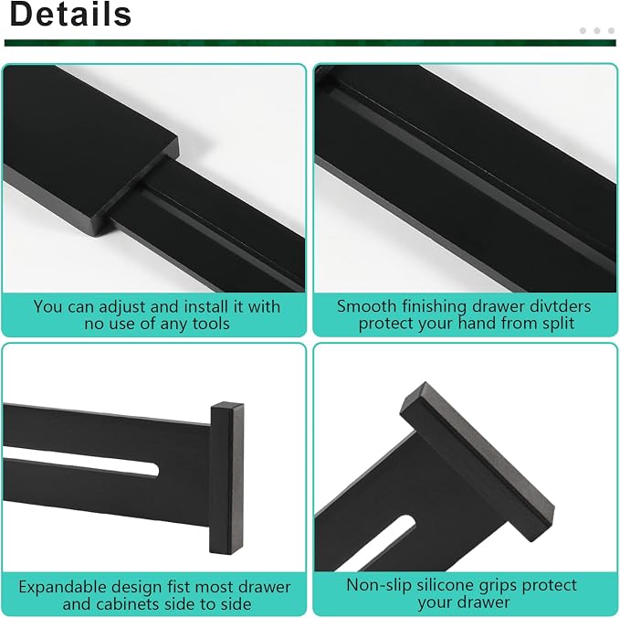 4 Pack Bamboo Drawer Dividers 2.6" High, Adjustable from 12 Inch to 17 Inch | Expandable Kitchen Drawer Organizer Separators for Clothes, Kitchen, Bedroom, Dresser, Office (Black) - Image 6