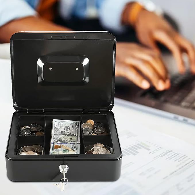 xydled Large Cash Box with Lock, Removable Coin Tray, Steel Money Box, Black - Image 2