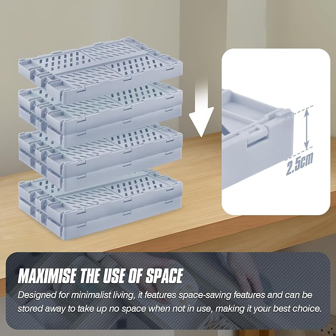 4 Pcs Collapsible Storage Crates, 10x5.9x4 inches Space-Saving Folding Containers, Stackable Plastic Boxes for Home Kitchen Office Bedroom Bathroom, Light Blue - Image 5