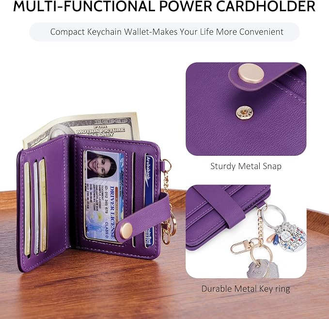 POIUGOYA Slim Wallet for Women,RFID Blocking Bifold Credit Card Holder with Zipper Coin Pocket,ID Window,Keychain - Image 3