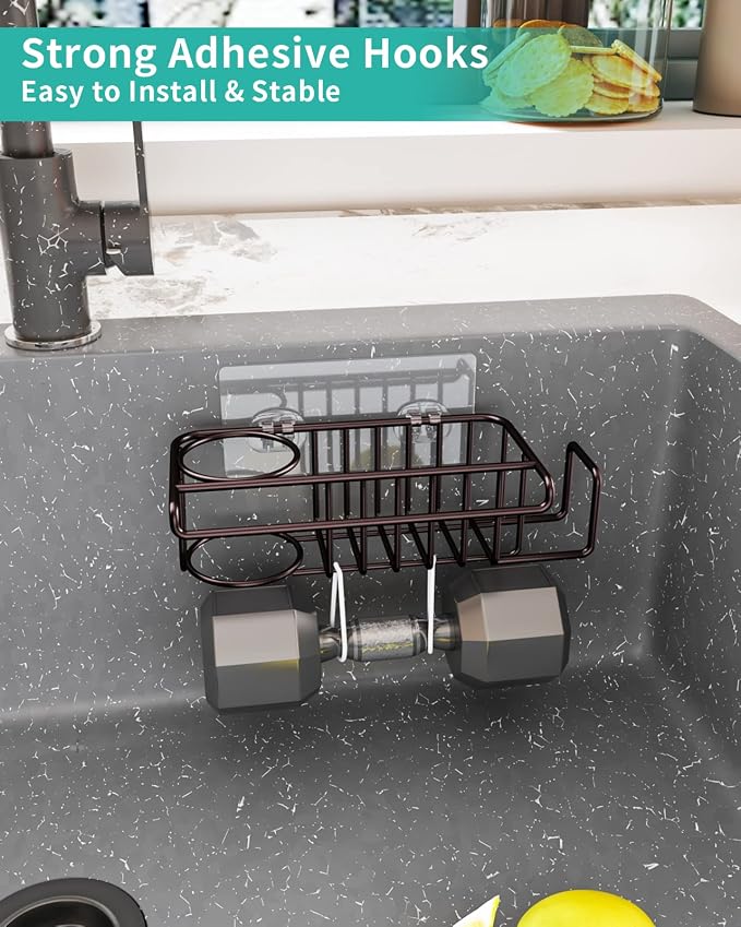 HapiRm 4 in 1 Adhesive Kitchen Sink Organizer, SUS304 Stainless Steel Brush Holder + Dish Cloth Hanger + Soap Rack + Sink Stopper Holder, No Drilling Sponge Caddy for Kitchen - Bronze - Image 3