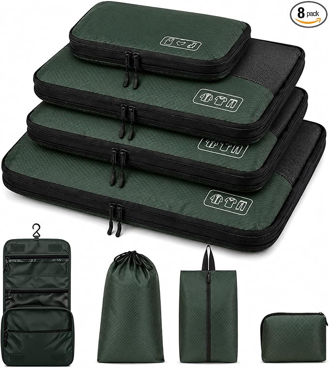8-Piece Compression Packing Cubes for Travel, Organize Travel Essentials | Trendy Luggage Organizer Set for Young Travelers, Space-save for Carry-On, Suitcase, Vacation & Weekend Trips - Avocado Green by Idcymoul