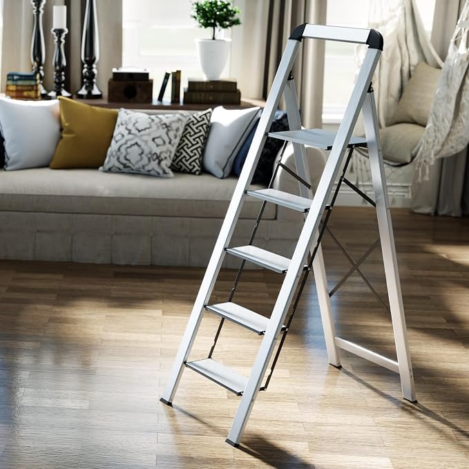 KINGRACK Aluminium 5 Step Ladder, Lightweight Step Stool with Non-Skid Pedals, Handrail, Foldable Step Ladder for Kitchen, Garage, Home, Space Saving, Sturdy and Portable, Silver - Image 8