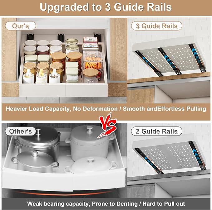 Fokyfok Pull out Cabinet Organizer,11"-16"W,17"-24"D,Expandable,Adhesive | No Drill,3 Rails,Adjustable Slide out Drawers for Kitchen,Pantry,Roll out Shelves,for Cabinets Without Lip,Bathroom,White,1PC - Image 4