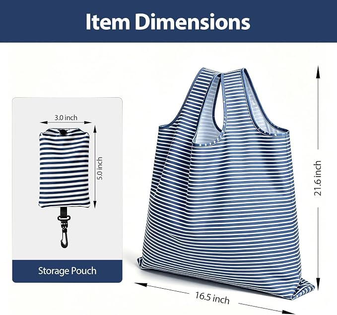 2 Pack Reusable Shopping Bag, Foldable Grocery Bags, Blue Stripes | Large Capacity, Washable, Grocery Tote, Utility Travel Shoulder Bag - Image 3
