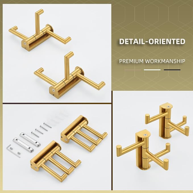 Angle Simple Towel Hooks, Swivel Bathroom Hook, Brushed Dark Gold, 2 Pack | SUS304 Stainless Steel, Folding 3 Arms, Kitchen Hand Towel Dishcloth Holder, Space Saver Fits Narrow Spot, Screws Mounted - Image 9