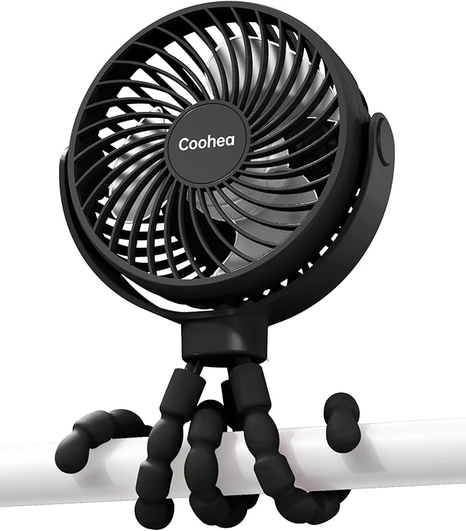 Coohea Stroller Fan Clip on for Baby, 4000mAh Rechargeable Battery Operated, Flexible Tripod, 3 Wind Speed, 360° Rotatable, Small Cooling Portable Fan for Car Seat Crib Golf Cart Bike Treadmill, Black | 4000mAh Battery Operated, 360° Rotatable Flexible... by Coohea