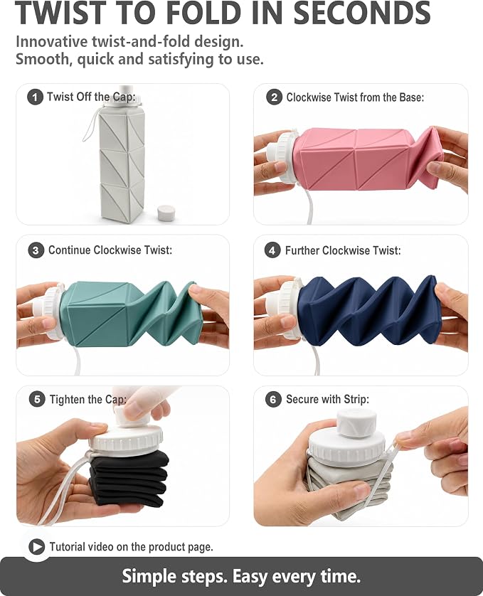 BEAUTAIL Collapsible Water Bottles 21oz/610mL, Silicone Travel Water Bottle | BPA Free, Leakproof & Reusable, Foldable Water Bottle for Traveling, Hiking, Cycling, Gym, School, Sports, Outdoor, 3-Pack - Image 7