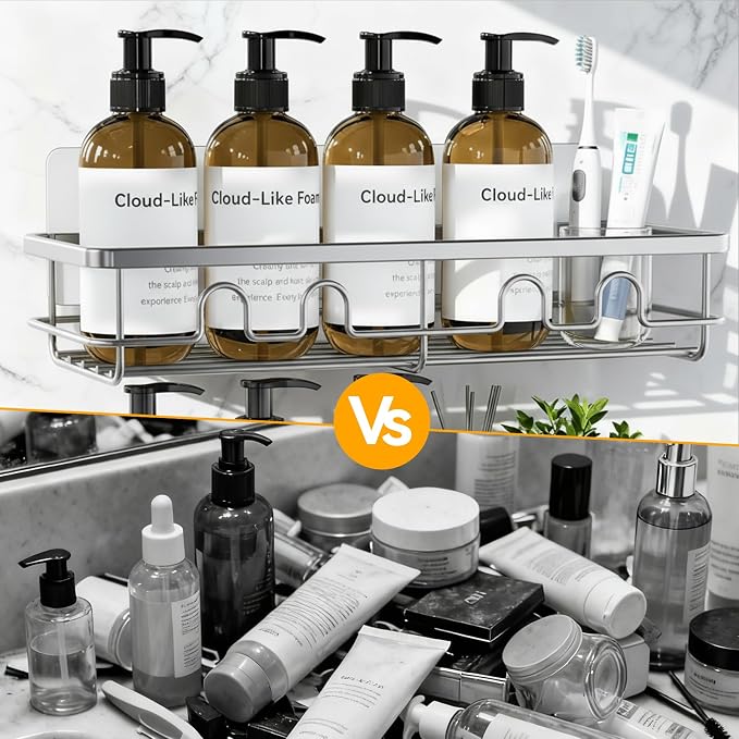 Adhesive Shower Caddy, Large Capacity Shower Racks for Inside Shower, No Drill Bathroom Shower Organizer and Storage, 2 Pack Silver Bathroom Shelves, Home Decor Rv Accessories, Apartment - Image 6
