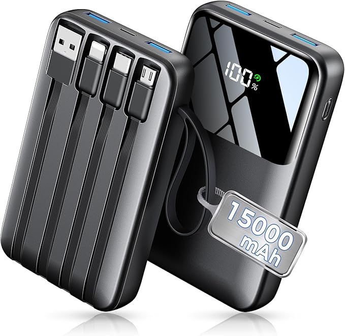 15000mAh Portable Charger Power Bank, Smaller Built-in 4 Cables, 22.5W | 50% More Capacity, 45% Smaller, Slim Travel Essential Battery Pack, 30-Min Fast Charge to 50% for iPhone/Samsung, Black by Unknown