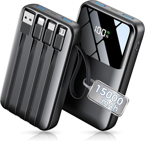 15000mAh Portable Charger Power Bank, Smaller Built-in 4 Cables, 22.5W | 50% More Capacity, 45% Smaller, Slim Travel Essential Battery Pack, 30-Min Fast Charge to 50% for iPhone/Samsung, Black by Unknown