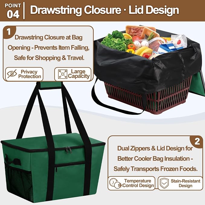 Reusable Grocery Bag – Expandable Insulated Cooler Bag with Bottom Board, Collapsible Insulated Shopping Bag with Zipper & Drawstring, Heavy Duty Tote Bag for Shopping, Delivery, Picnic, Beach - Image 5