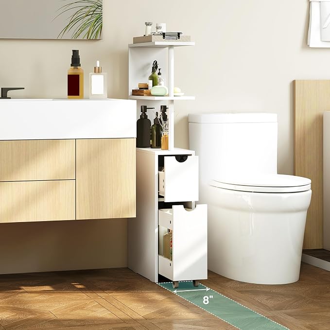GIANTEX Slim Storage Cabinet, Narrow Freestanding Bathroom Organizer with Open Shelves, Pull-Out Drawer and Slide-Out Cart, Space-Saving Wooden Floor Cabinet for Entryway, Living Room and Kitchen - Image 2